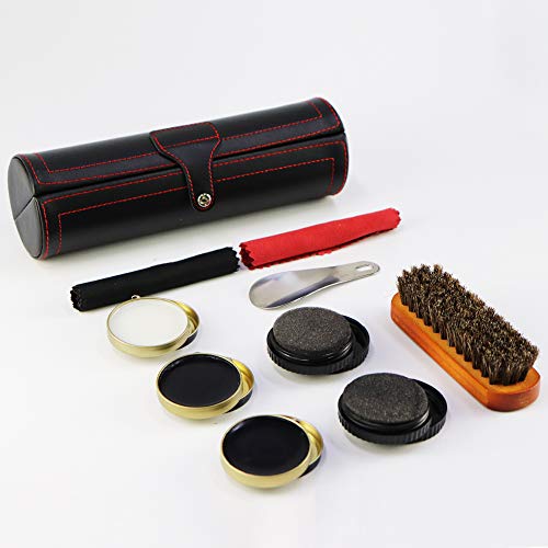 Shoe Shine Kit, KOKOBI Shoe Polish Cleaning Kit-Includes Black/White Shoe Cream (Leather Conditioner), Suede Brush, Shoehorn, Shoe Polish Cloth, Shoe Shine Sponge, and PU Leather Case