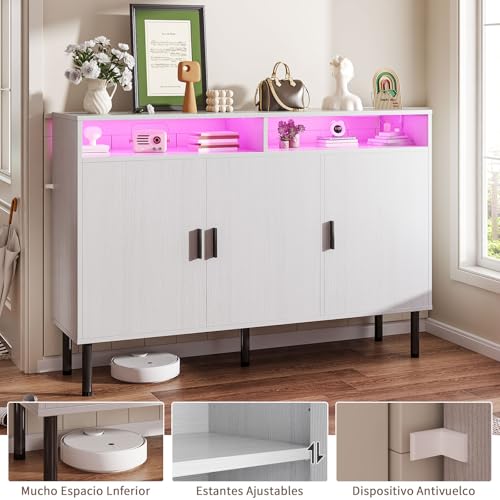 SIMPLE ESPACIO Mueble bufetera con tomacorriente, credenza bufetera,con luz LED,alacenas flotantes para Cocina, con Dos estantes Ajustables de Gran Espacio de Almacenamiento (Blanco, 1,2 Millones)