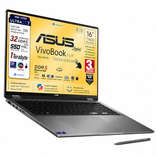 ASUS Vivobook 16 FLIP, Intel® Core™ Ultra 7 258V, Intel Arc Pro, OLED Display Touchscreen 16" WUXGA FHD+, DDR5 32Gb, SSD 1Tb, Win 11, Wi-Fi 7, BT 5.4, Backlit Keyboard, Pen, Gar 3 Years