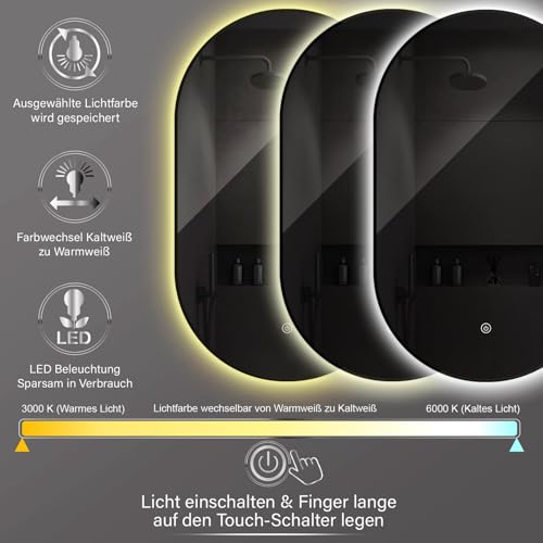 ApeJoy Oval LED Bathroom Mirror 45x75cm Matt Black Metal Frame Bathroom Lighting with Touch Switch Adjustable Mirror Warm White/Cool White Neutral