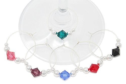 BRILLIANCE Swarovski Crystal Wine Charms (Set of 6) by Claim Your Glass - Premium Drink markers for stemmed Wine, Champagne, Martini Glasses - Includes Storage Case + BONUS Velveteen Bag (SILVER)