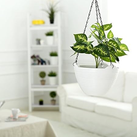 YOUNG CRAFTS Marvel UV Treated Hanging Plastic Flower Pots with Hanging Chains for Balcony Garden Decor (Pack of 6) White Color