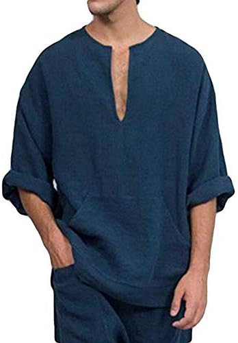 Mens V Neck Cotton Linen Henley Shirts 3/4 Sleeve Banded Collar T-Shirt Loose Fit Summer Beach Tops