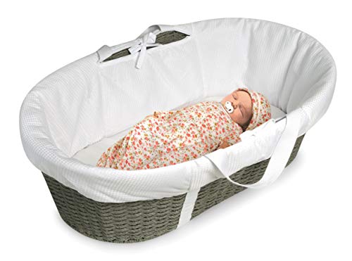 Badger Basket Wicker-Look Woven Baby Moses Basket with Bedding, Sheet, and Pad, Gray/White