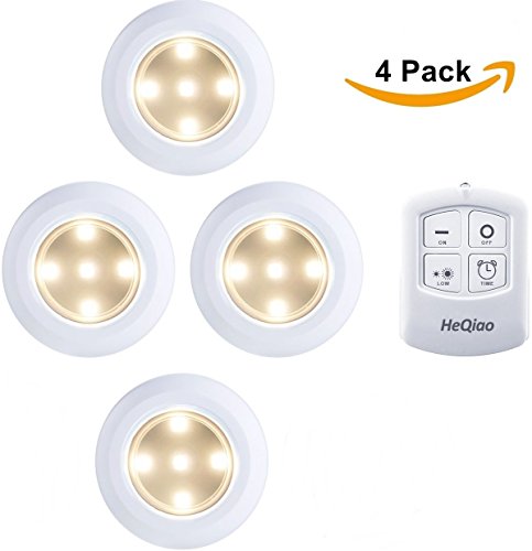 Puck Lights with Remote Control, HeQiao 4 Pack LED Tap Lights Battery-powered Wireless Night Lights Kitchen Under Cabinet Lighting Stick on Push Lights for Kitchen Closets-Warm Yellow