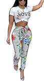Darceeneth Womens Two Piece Outfits Floral Crop Shirts Top Striped Bodycon Stretch Skinny Pants Jumpsuit