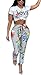 Womens Two Piece Outfits Floral Crop Shirts Top Striped Bodycon Stretch Skinny Pants Jumpsuit