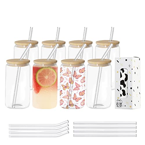 MerryJoy 8 PACK Sublimation Glass Blanks With Bamboo Lid,16 OZ Clear