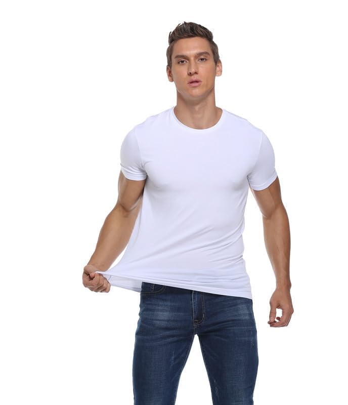 COLORFULLEAF 3/5er Pack Bambus Rundhals T-Shirt Herren Stretch Unterziehshirt Männer Einfarbig Business Arbeitstshirts(Weiß,L) 4