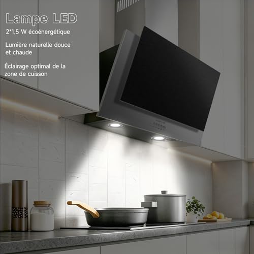 Soonye Inclined Extractor Hood 60 cm Class A+++, Kitchen Hood 370m³/h, Black Frosted Glass, Charcoal Filters Included, Wall Hood for Evacuation or Recycling