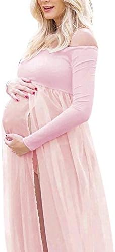 HimTak Women's Off Shoulder Strapless Maternity Dress for Photography Split Front Draped Pregnancy Gown for Photoshoot