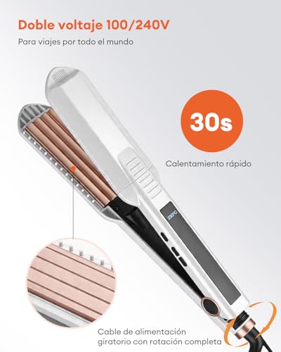 Planchas del Pelo Ceramic Crimp 3 in 1, Cerámica Anti-Estática, 6 Temperatura Ajustables 130-230 ℃, Calentamiento Instantáneo, Rizador Pelo Ondas Para Crear Volumen y Textura