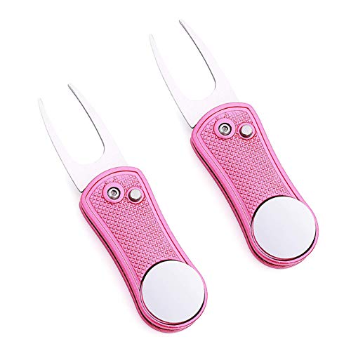 Pack of 2 Foldable Golf Divot Tool, Golf Divot Repair Tool with Pop-up Button & Magnetic Detachable Ball Marker, Golfing Equipment, Accessories for Golf Clubs, Balls, Clothing, Shoes, Golf Aids.