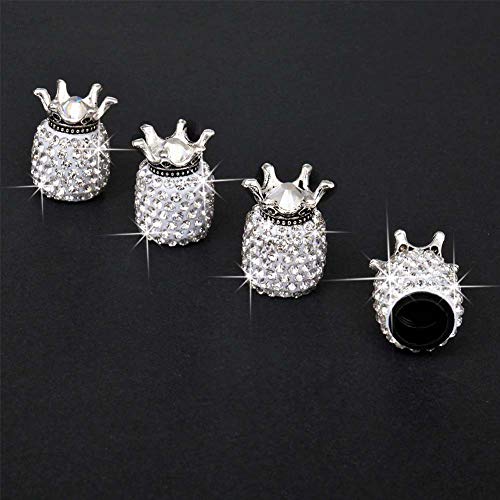 Valve Stem Caps, 4 Pack Handmade Crystal Rhinestone Universal Car Tire Valve Caps Chrome,Attractive Dustproof Bling Car Accessories - White Diamond Crown - Thumbnail 2