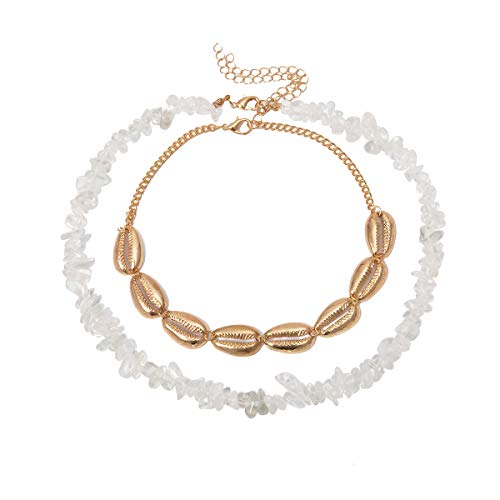 Bohemian Layered Necklace,Crytech Boho Vintage Gold Plated Conch Shell Beaded Choker Beach Hawaiian Turquoise Beaded Chain Handmade Colored Gemstones Necklace for Women Girls (Clear)