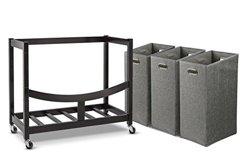 Best Music Posters Foldable 3 Basket Wooden and Fabric Laundry Sorter Cart with Wheels