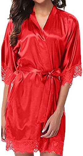 Women's Lace Trim Kimono Robe Nightwear Nightgown Sleepwear Satin Short Robe Bridesmaid Bride Robe