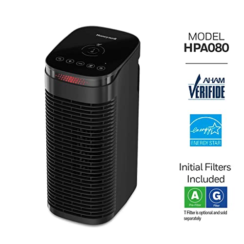 Honeywell HEPA Air Purifier for Home, 488 Ft² Rooms in 1 hour, Auto Mode, Air Quality Indicator, Reduces Allergens, Dust, Pollen, Pet Dander, All Smoke Types, Odors, Black, HPA080