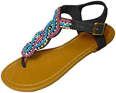 P26 Womens Sandals Flat shoes Beaded &amp; Rhinestone Embellished (7/8, Black Multi)