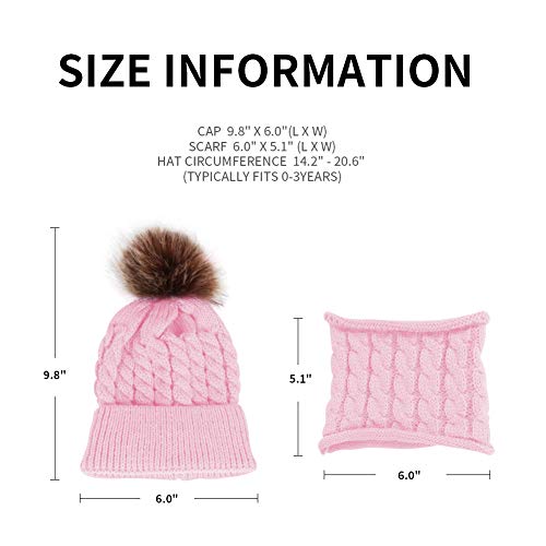 Baby Girls Boys Winter Beanie Hat Scarf Set Toddler Warm Knitted Hats Circle Scarf for Infant Newborn Winter Pom Hat Pink