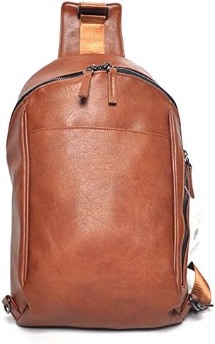 Mens Leahter Chest Sling Bag 15" Long Shape Rucksack Messenger Courier Crossbody Shoulder Unbalance (Brown)