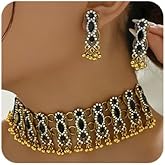 Octwine Vintage Indian Green Rhinestones Choker Necklace Teardrop Dangle Earrings Set Bridal Wedding Red Silver Tassels Rhinestone Crystal Bride Statement Necklace Earrings Set for Women