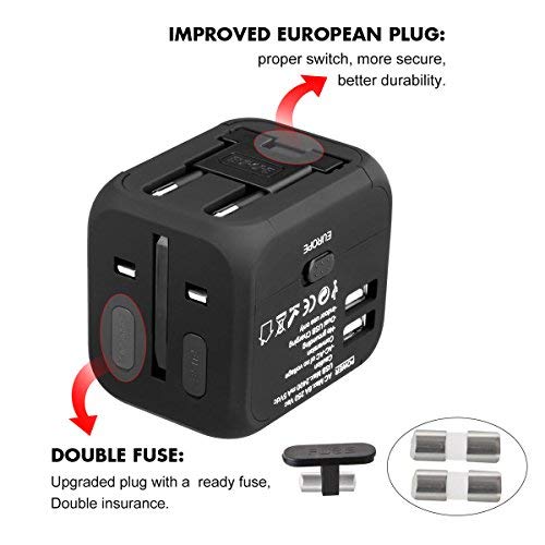 FLOUREON Universal Travel Power Adapter USB Wall Charger Outlet Plug All-in-one International Power Adapter with 2.4A Dual USB Charger for UK, EU, AU, Asia Covers 150+Countries,Black+Surge Protection