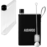 Slim Flat Water Bottle For Purse, Travel, Work, Gym - BPA-Free 14.2 oz Leakproof Plastic Flask with Cleaning Brush & Neoprene Sleeve - Portable A5 Water Bottle For Handbags, Backpacks, Office