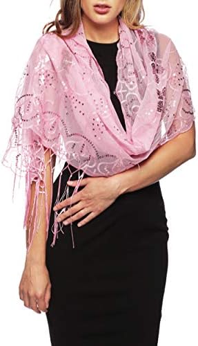 Apparelism Women's Mesh Sequin Metallic Party Prom Wedding Shawl Scarf with Fringe.