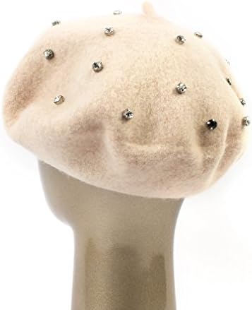 Women's Fashion Solid Color Wool Knitted Berets With Rhinestones Ladies French Artist Beanie Hat (BEIGE)