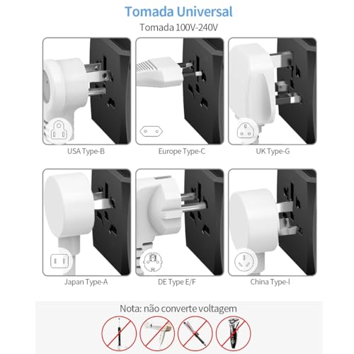 Carregador Universal com Adaptadores de Viagem, Adaptador de Tomada CA com Alimentação Inteligente de 6A 4 Portas USB A e 2 USB Tipo C de 3A para USA EU UK AUS(Bolsa de Viagem Incluída)