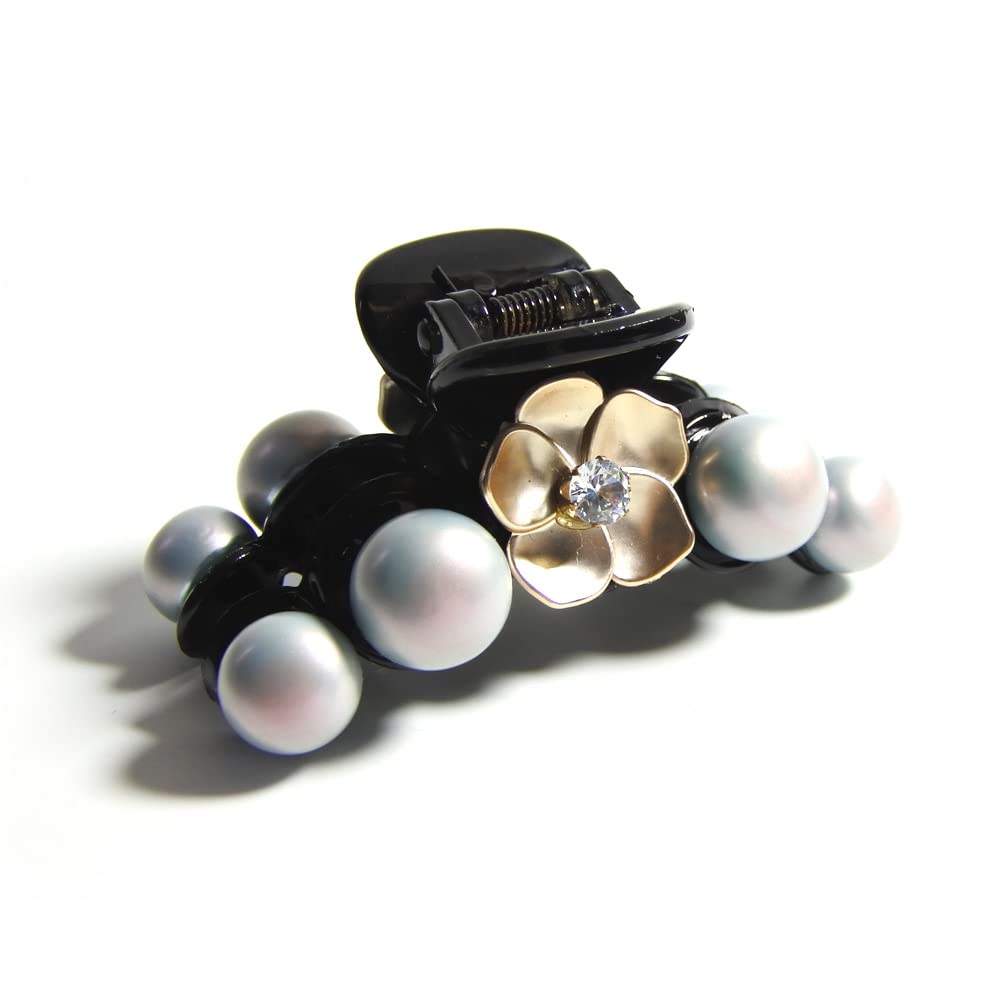 Meilliwish Pearl Gem Flowers Beautiful Hair Claw Clip for Women Girls 1 PCS(D64)(Gray)