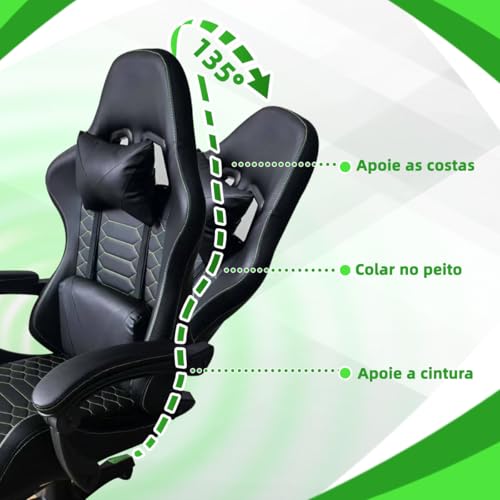 Cadeira Gamer Ergonômica com Conjunto de 5 Rodízios com Travão (Fixação Segura, Mobilidade Controle, Estabilidade) e Apoio Cervical Ajustável (Preto e Verde)