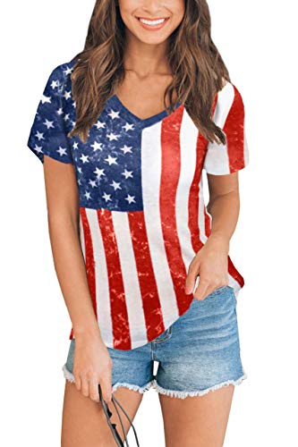 Womens July 4th Short Sleeve Striped Stars T Shirts Casual American Flag Top Patriotic M