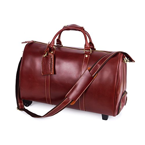 bomtada Mens Large Genuine Leather Travel Wheeled Duffle Luggage Carry On Rolling Upright Duffel