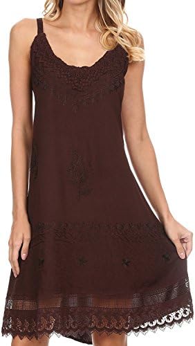 AFCastle Fetching Short Embroidered Batik Festival Sleeveless Strap Dress - chocolate - 1X/2X Chocolate1X/2X