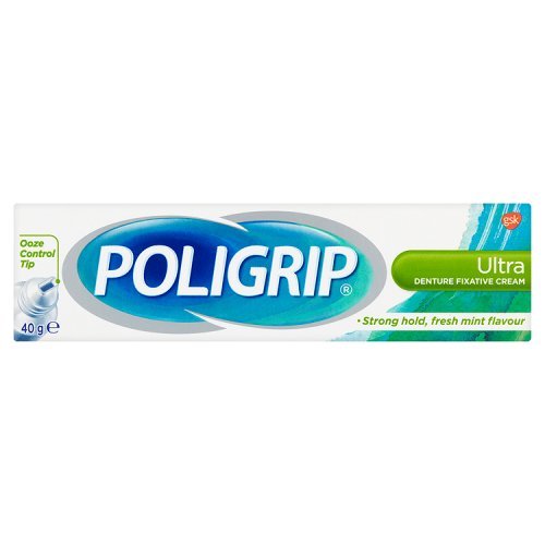 Poligrip Denture Adhesive Cream, False Teeth and Partials Fixative, Ultra, 40 gm