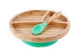 Avanchy - Toddler Feeding Plate and Spoon Set, Divided Bamboo Plate with Stay Put Suction Ring, 8.5" &times; 7.5" &times; 2.5" Plate Size - Green