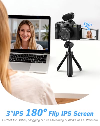 8K Digital Cameras for Photography, 64MP Vlogging Camera with 180°Flip Screen，2 Batteries, 32GB TF Card，16X Zoom, WiFi, 3 Color Filters,Microphone, Tripod, Wide & Macro Lens Kit (Black)