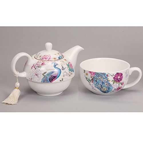 Bits and Pieces Tea For One Peacock Porcelain Teapot and Cup Set
