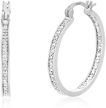 Lumineux Diamond Womens Diamond Accents Single Line Hoop Earrings in Rhodium over Brass, 28mm