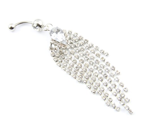 316L Surgical Steel 14 Guage Dazzling Clear Gem Rhinestone 9-Tassels Chain Dangle Navel Belly Bar Ring Barbell Body Jewelry