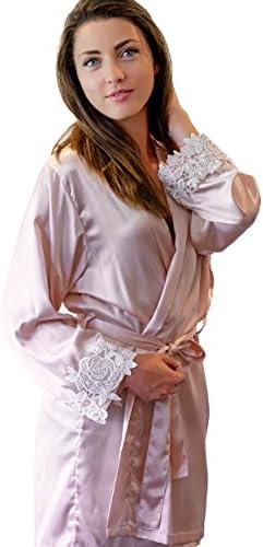 Sleep Luxe Women’s Short Blush Satin Robe with Lace Trim for Bridesmaids or Brides (Large/X-Large)