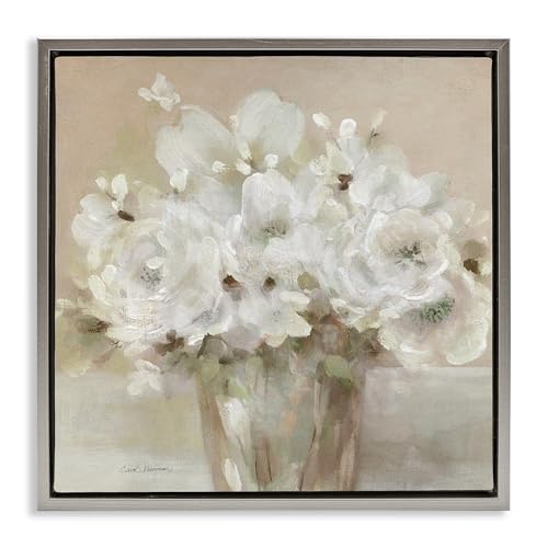 Stupell Industries Neutral White Flower Bundle Gray Framed Floater Canvas Wall…