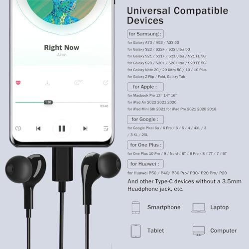 USB C Headphones with Microphone In-Ear Headphones for Samsung Galaxy S26 S25 S24 S23 Ultra S22 S21 FE A56 A55 A35 A54 5G A16 USB C Headset with Volume Control for iPhone 15 16 17 Pro Max Air iPad 10