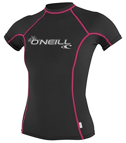 O'Neill Wetsuits UV Women's Skins Short Sleeve Crew Sun Shirt Rash Guard, Small, Black Pink Stripe