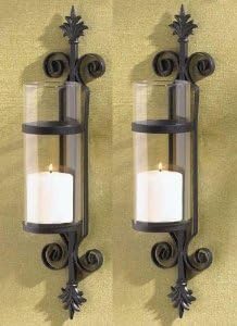 2 Black FLEUR de LIS Candle Garden Wall Hurricane SCONCES French Scroll Holder by EmpoweringStyle