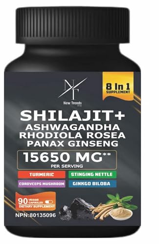 8-in-1 Shilajit Himalayan Organic Supplement with Shilajit 9000, Ashwagandha 2000MG, Rhodiola Rosea 1000MG, Panax Ginseng 1500MG, Cordyceps Mushroom 500MG, Gingko Biloba 500MG, Stinging Nettle 250MG, Turmeric (15,250 MG - 90 Caps)