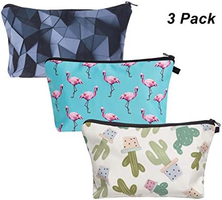 HOYOFO Women’s Travel Cosmetic Bags Small Makeup Clutch Pouch Cosmetic and Toiletries Organizer Bag Pack of 3, Flamingo Cactus