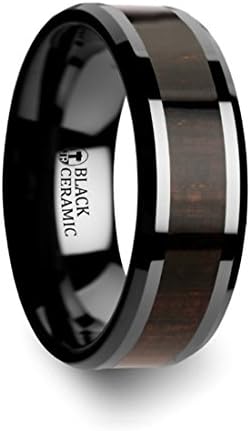UMBRA Black Ebony Wood Inlaid Black Ceramic Ring with Beveled Edges - 8mm Wide Band with Free Custom Engraving Personalized from Thorsten by Roy Rose Jewelry